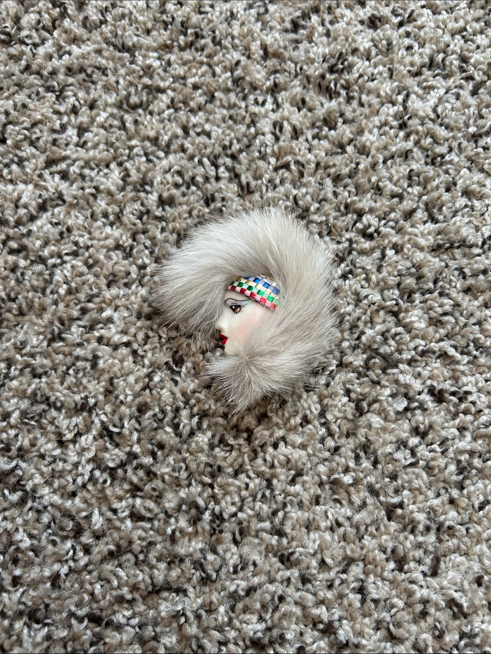 Vintage Faux Fur Doll Face Brooch - Cream with Multicolor Accents